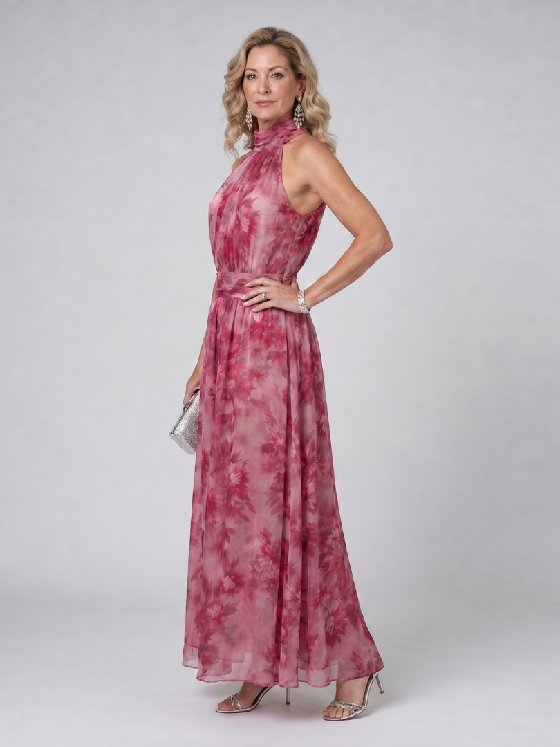 Avien halter neck dress in rose pink floral, side view