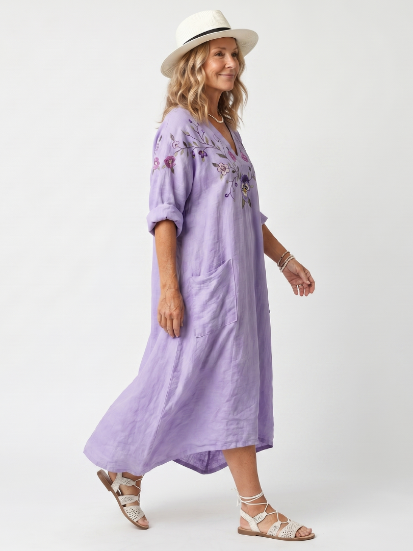 Tavi embroidered pocket midi dress in lilac, side view showing patch pocket