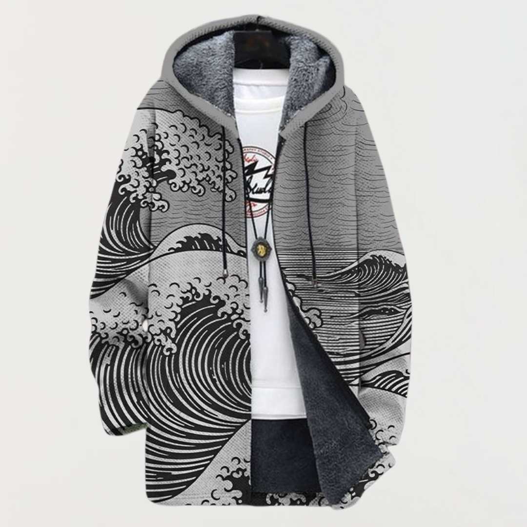 Lennox wave print hooded coat in grey, front view