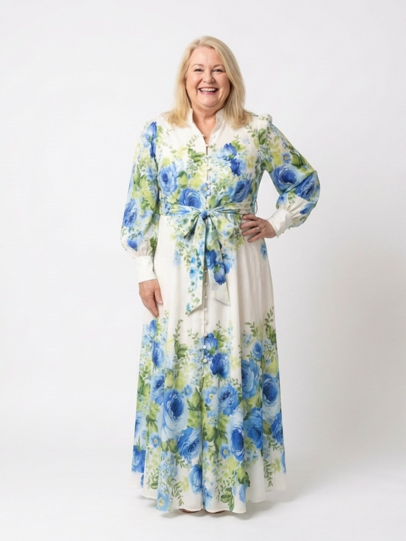 Harper floral button front maxi dress in cream and blue, front view