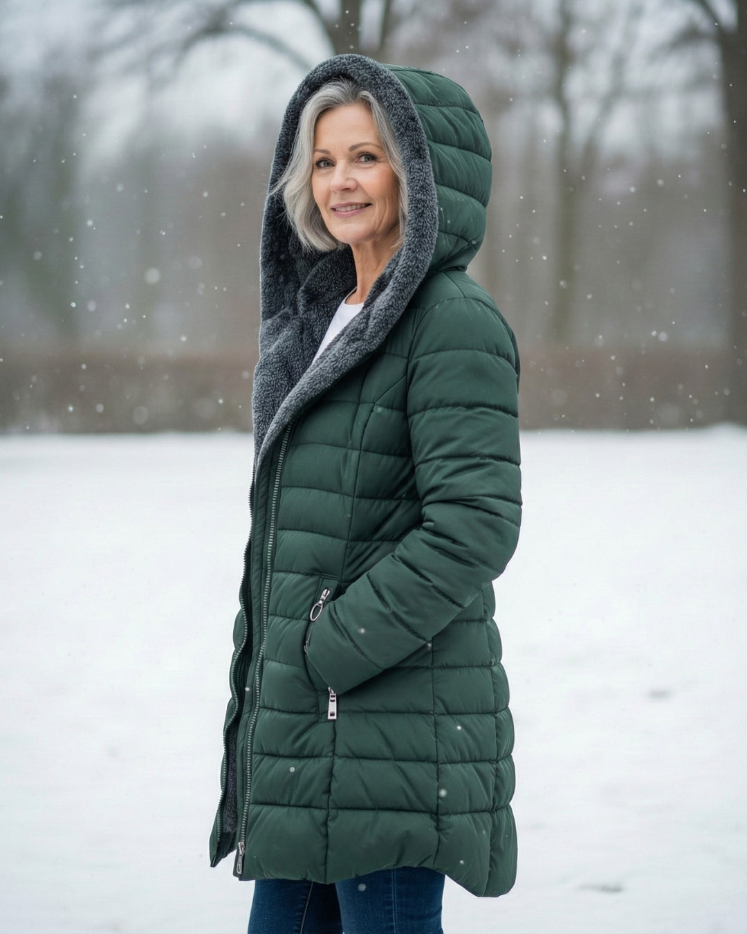 Harriet puffer coat in dark green, side view showing quilting and hood