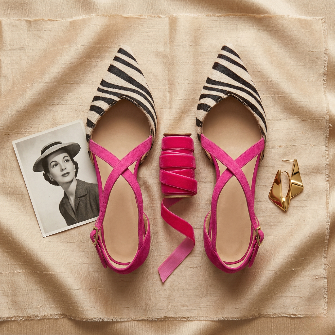 Amelia strappy ballet pumps in pink and zebra stripe, flat lay from above