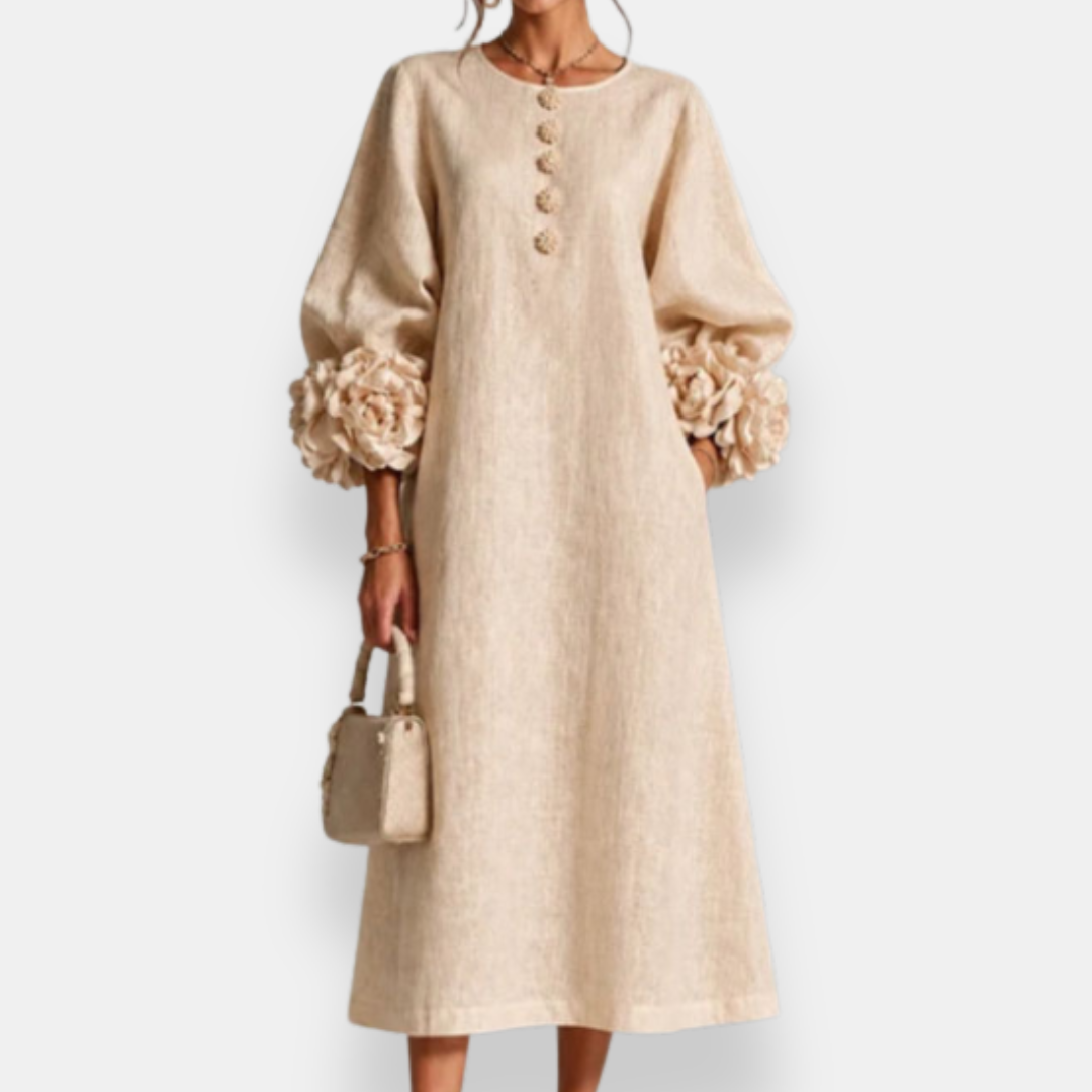 Annabelle floral appliqué midi dress in beige, full-length front view