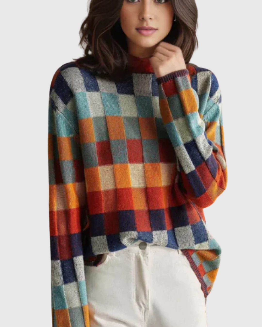 Selvianne turtleneck sweater in multicoloured check, front view with white trousers