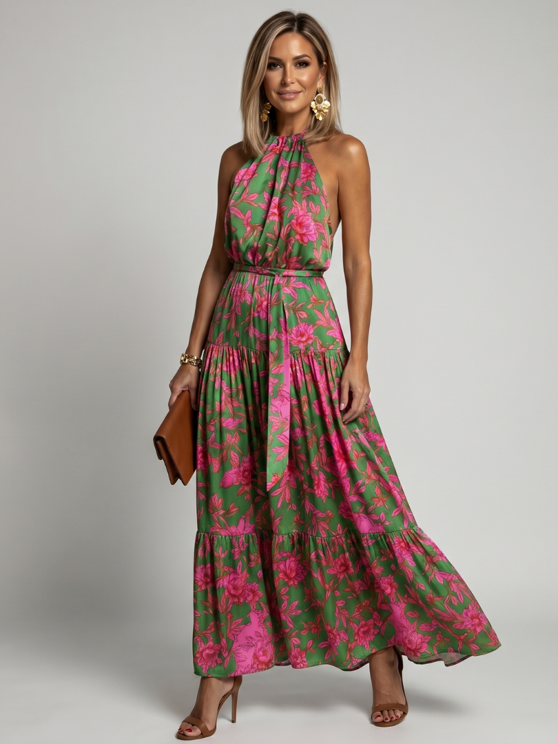 Rowen halter dress in green and pink floral print, front view with waist sash
