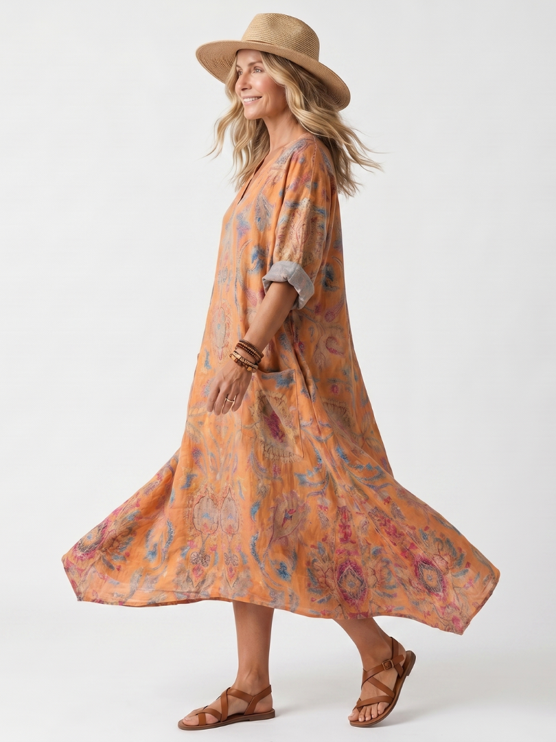 Remi printed midi dress in orange, side view showing flowing midi hem