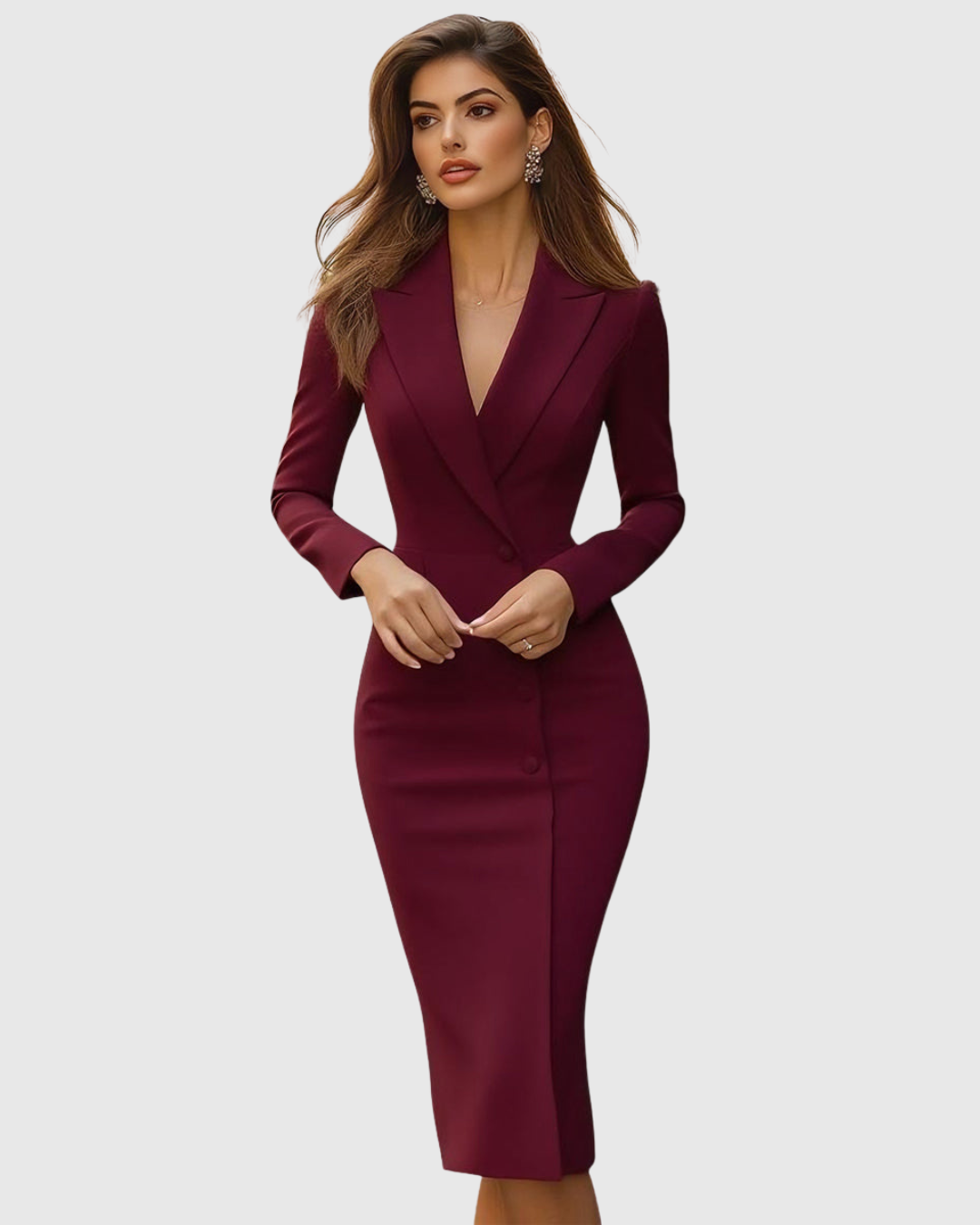 Seleneva tailored midi dress in burgundy, full-length front view