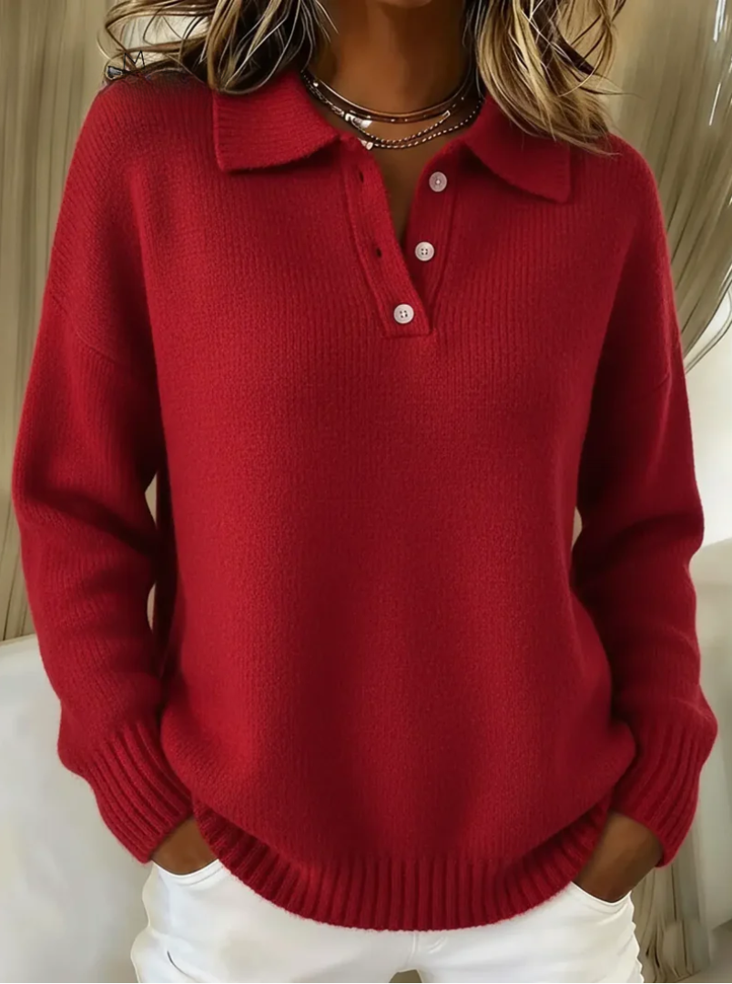 Hayden knit polo sweater in red, close front view
