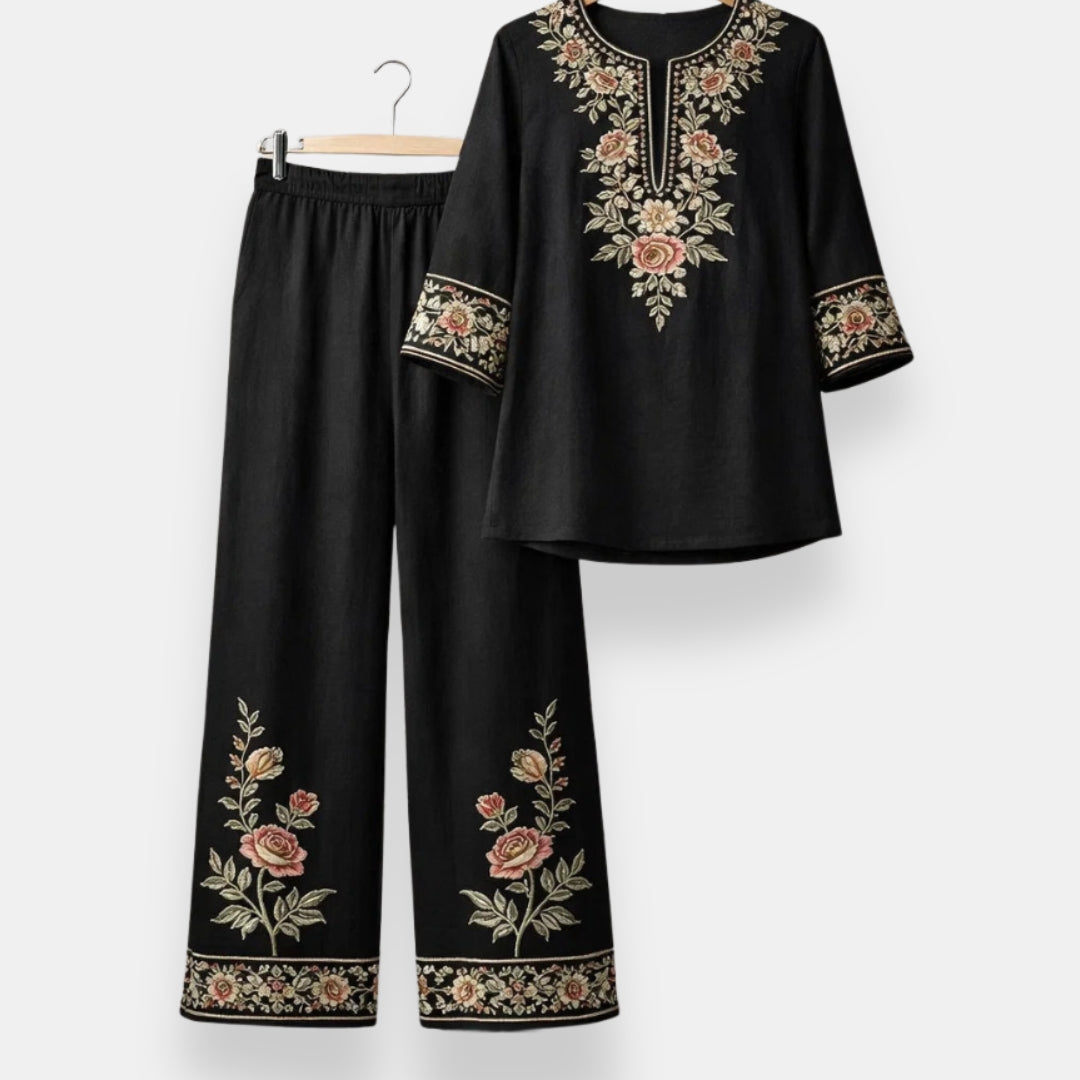 Cordelia embroidered two-piece set in black with rose embroidery, front view