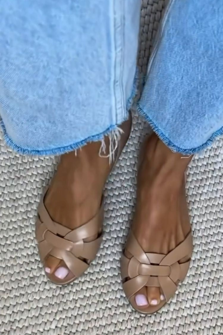 Serafina woven sandals in beige, overhead view on woven rug