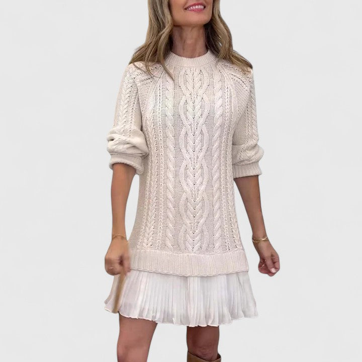 Ashlyndora cable-knit sweater dress in apricot, front view