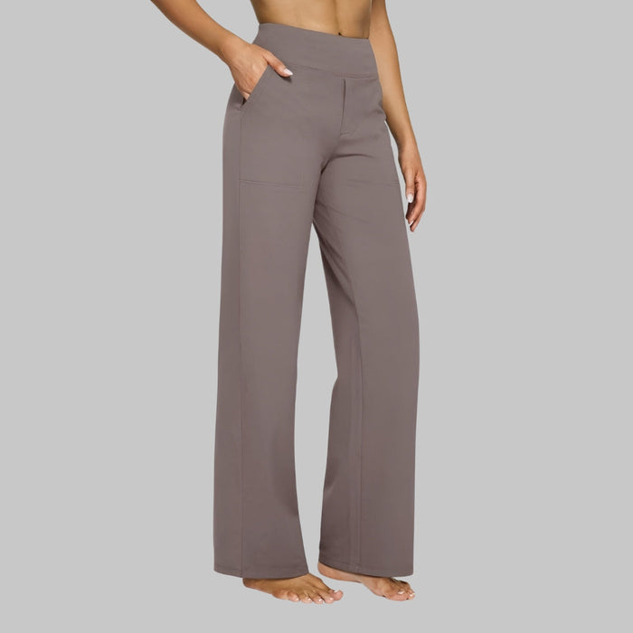 Klara stretch trousers in taupe, three-quarter front view