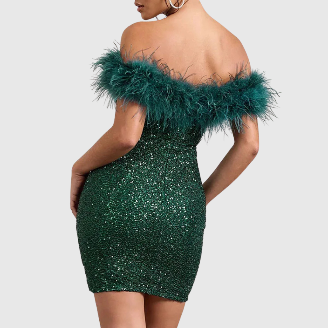 Adriana sequin mini dress in green, back view