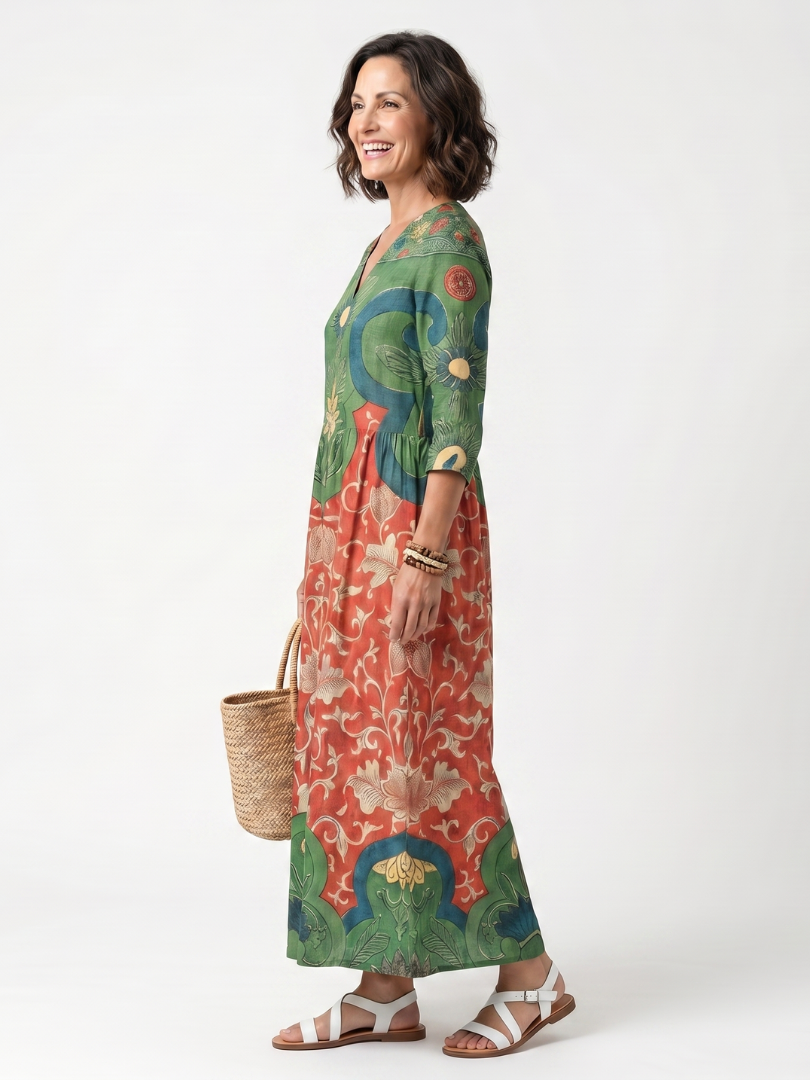 Sloane mixed print midi dress in green and coral, side view