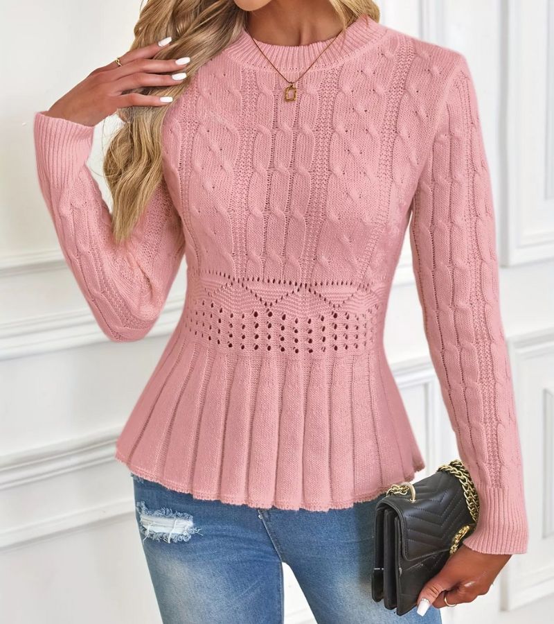 Seyla cable knit peplum sweater in pink, front view