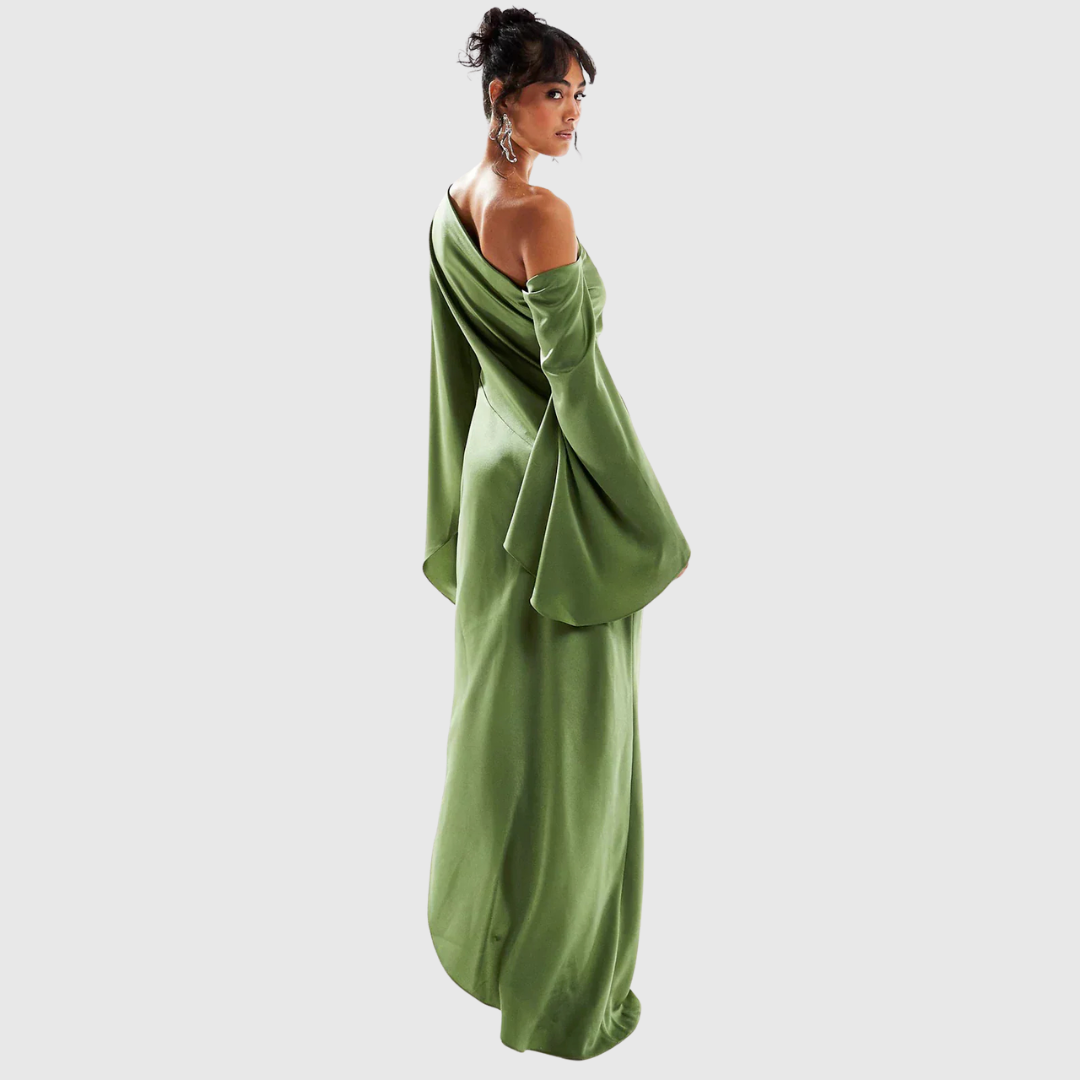 Rosaline satin maxi dress in olive green, back view showing draped shoulder