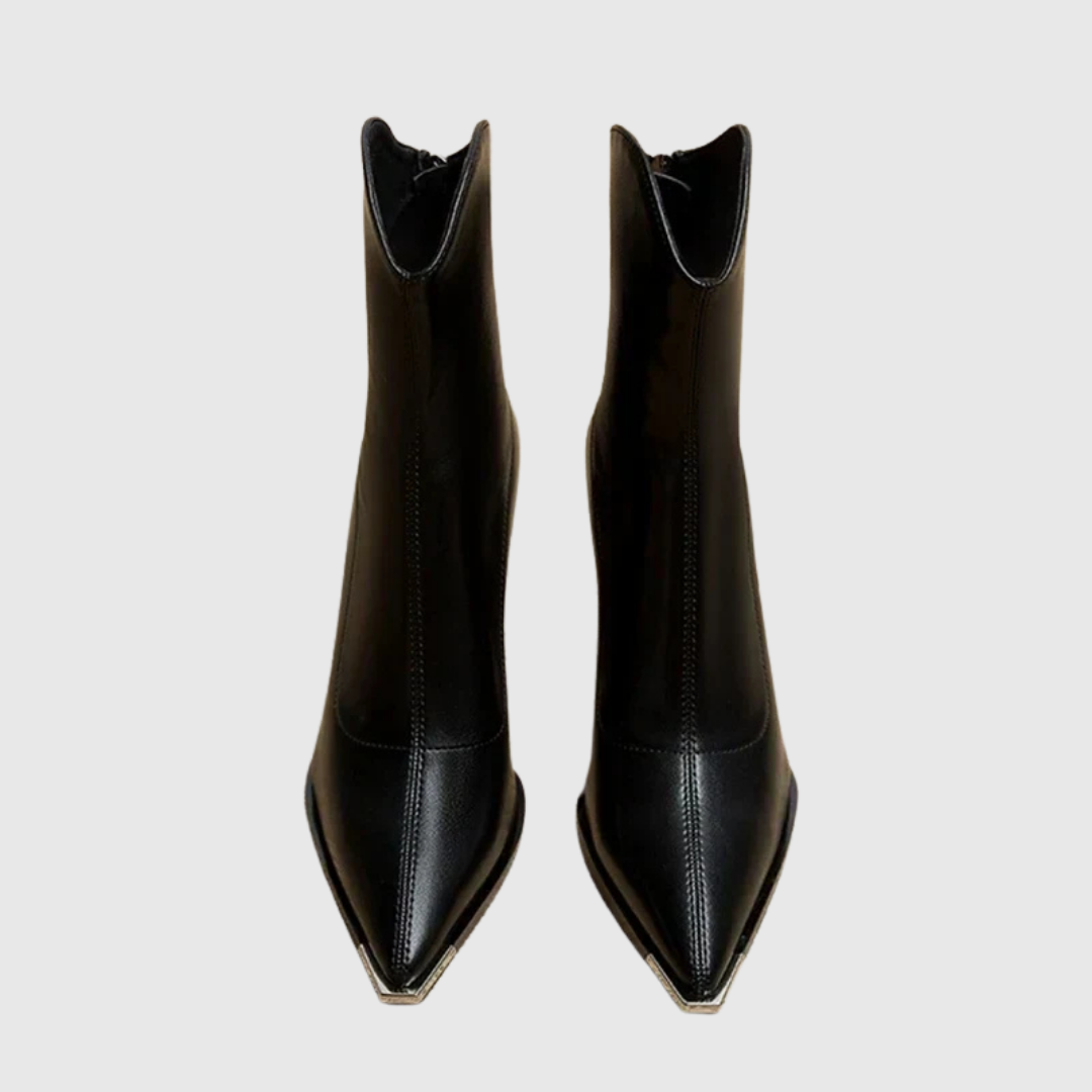 Relaxed fit pointed heels in black, top-down front view
