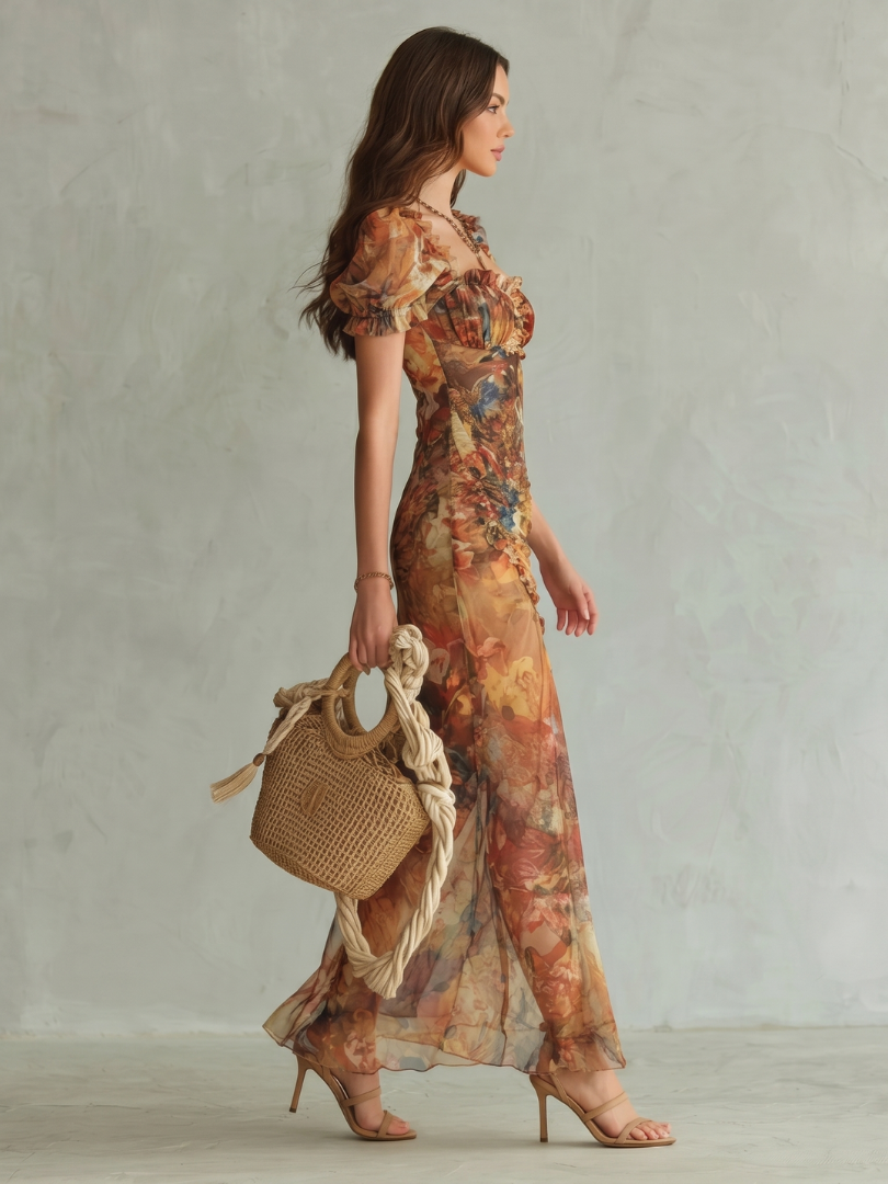 Ciel floral midi dress in amber tones, side view showing flowing hem