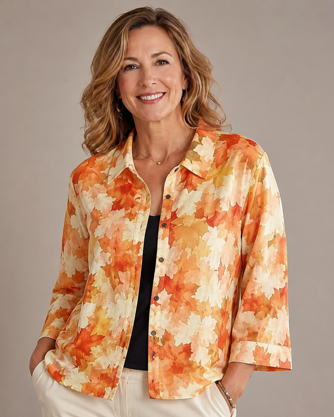 Laurentine watercolour leaf blouse in orange, front view worn open