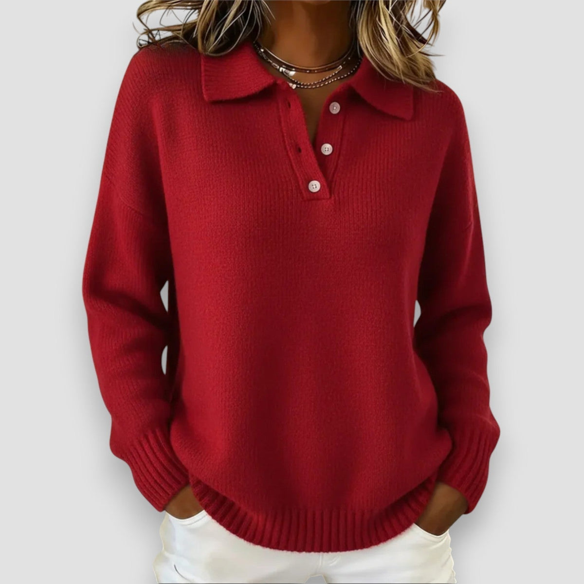 Hayden soft knit polo sweater in red, front view with white trousers