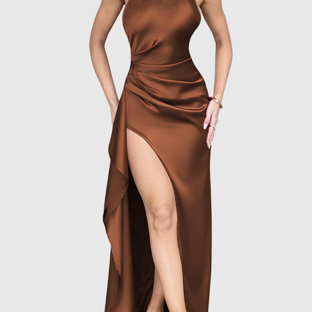 Tahlia satin evening dress in brown, close view of ruching and slit