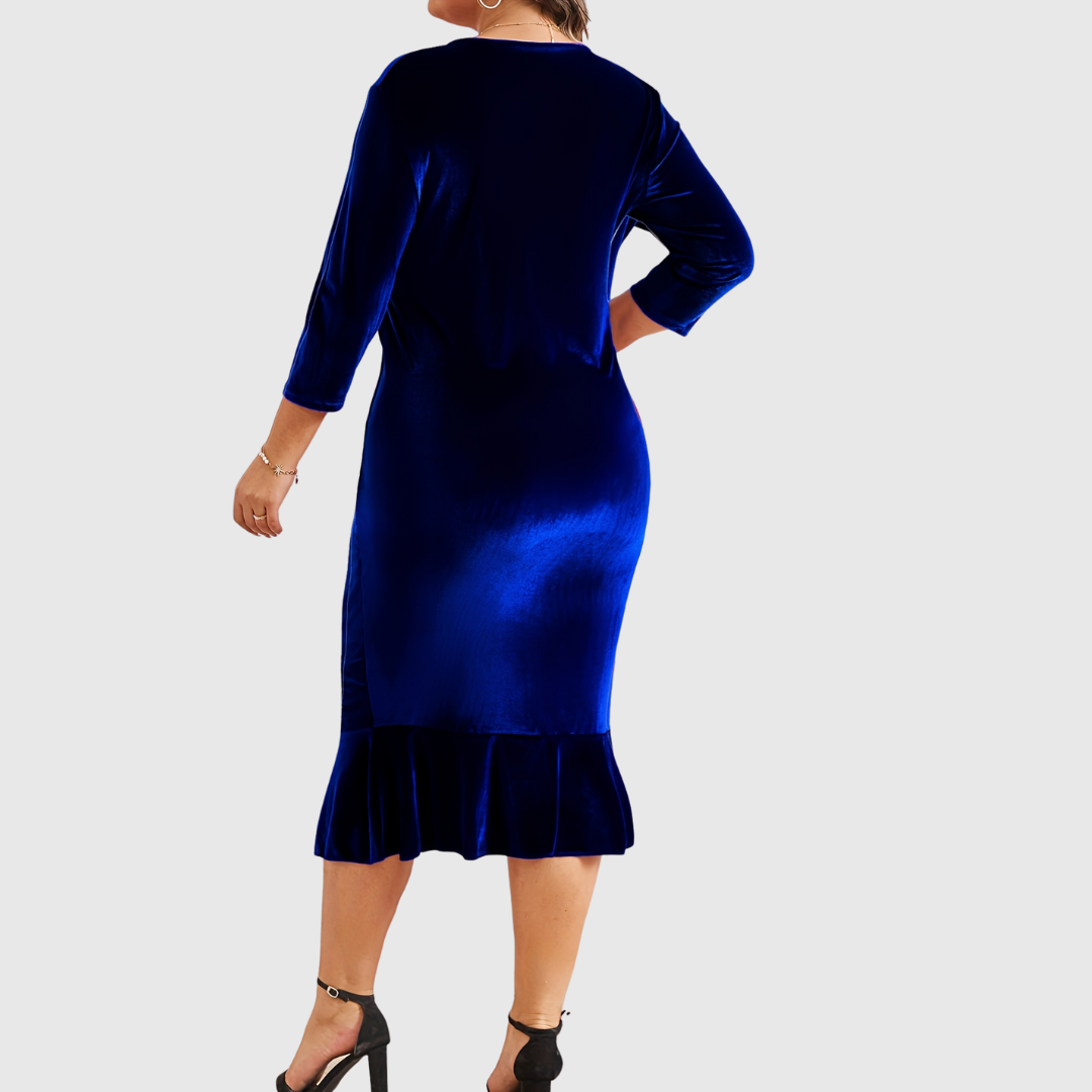 Zaar velvet midi dress in blue, back view with fluted hem