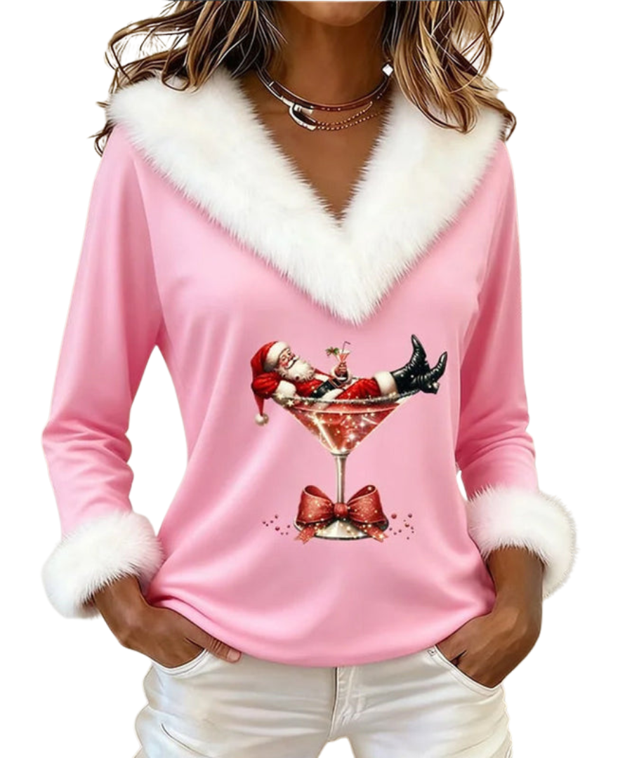 Kavira festive sweater in pink with faux-fur neckline, front view