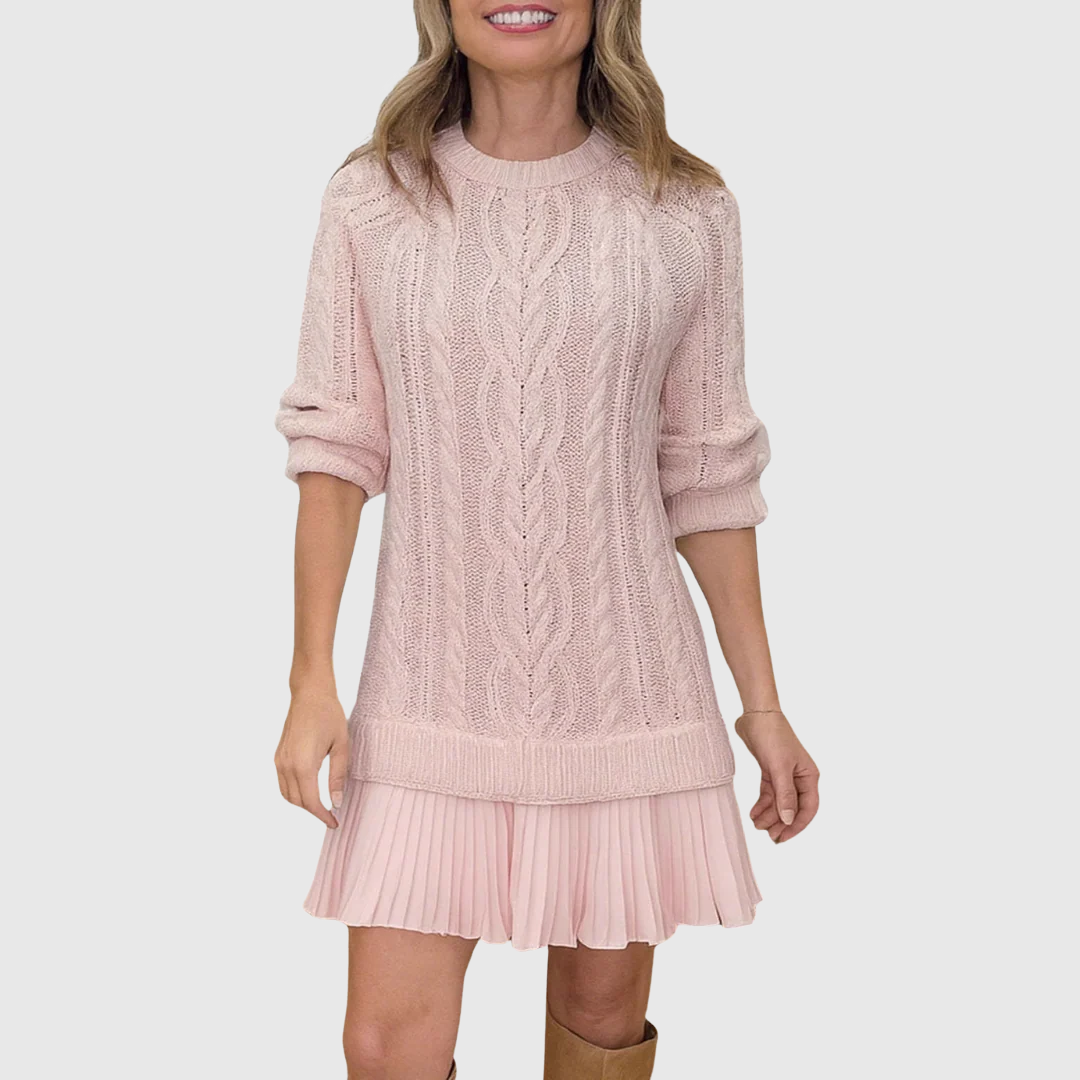 Eira classic sweater dress in pink with pleated hem, front view