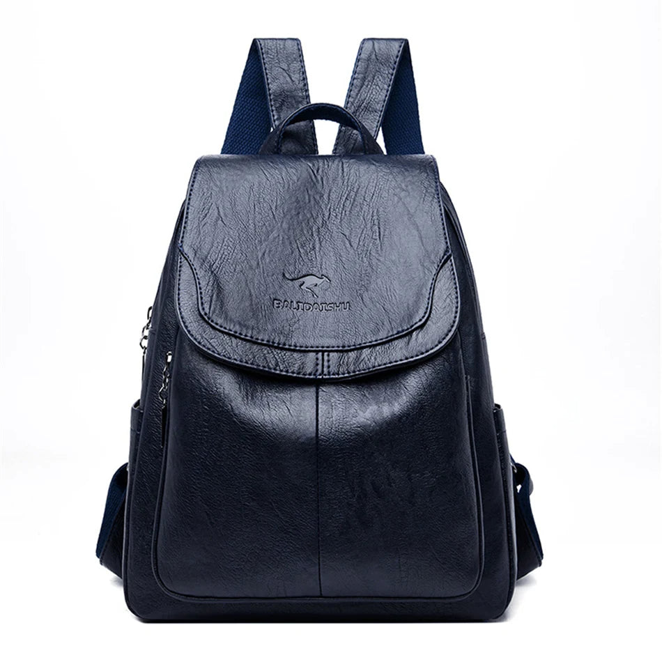 Phoebe secure leather backpack in navy blue, front view