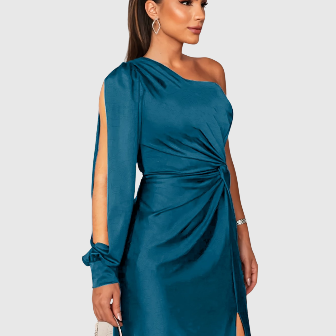 Charlotta gown in blue, detail of draped one-shoulder neckline