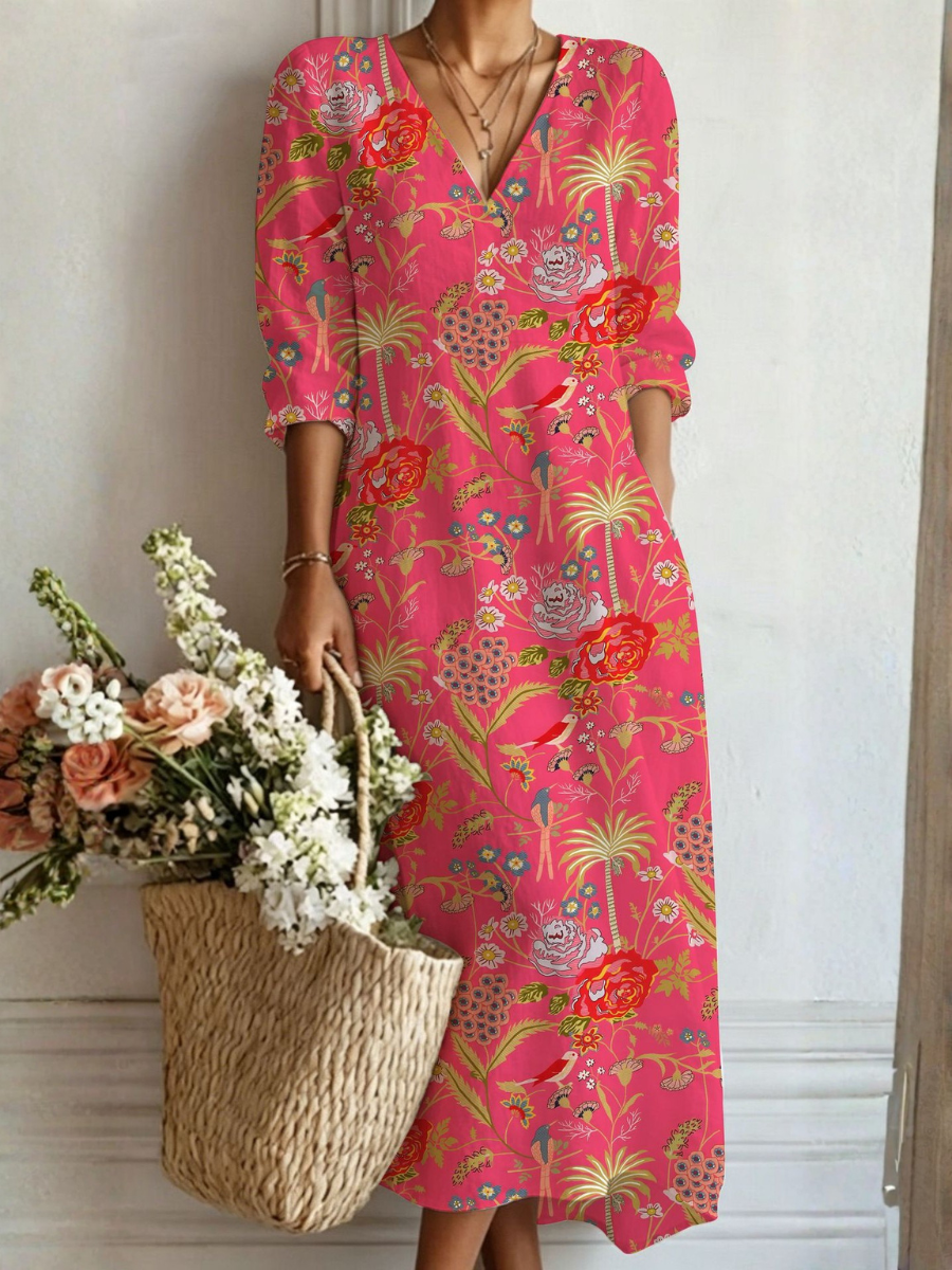 Esme midi dress in pink floral print, relaxed V-neck and sleeve detail