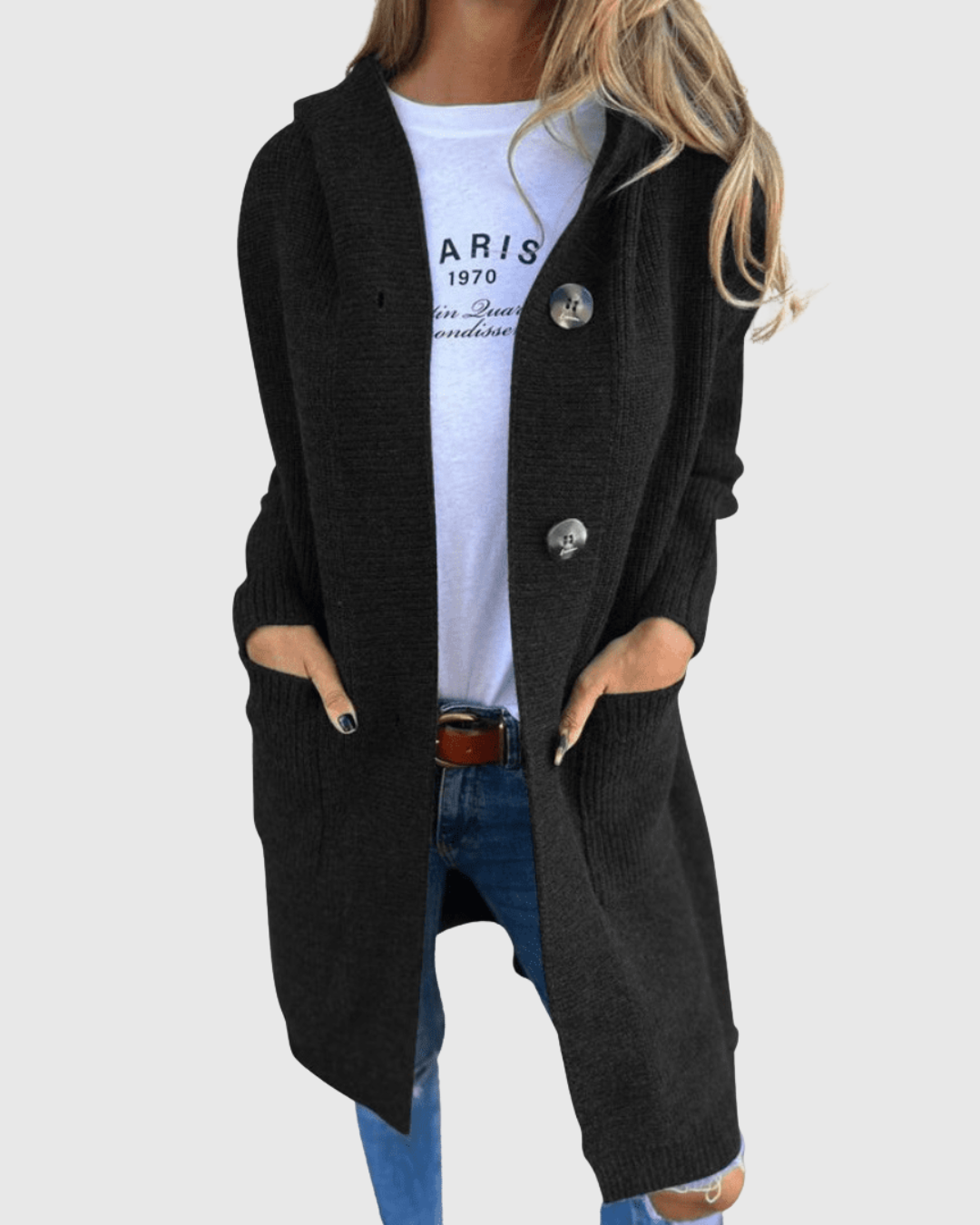 Blythe long hooded cardigan in black, front view with pockets
