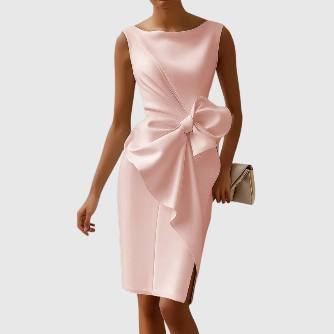 Ainsley sleeveless midi dress in pink, front view with draped bow detail
