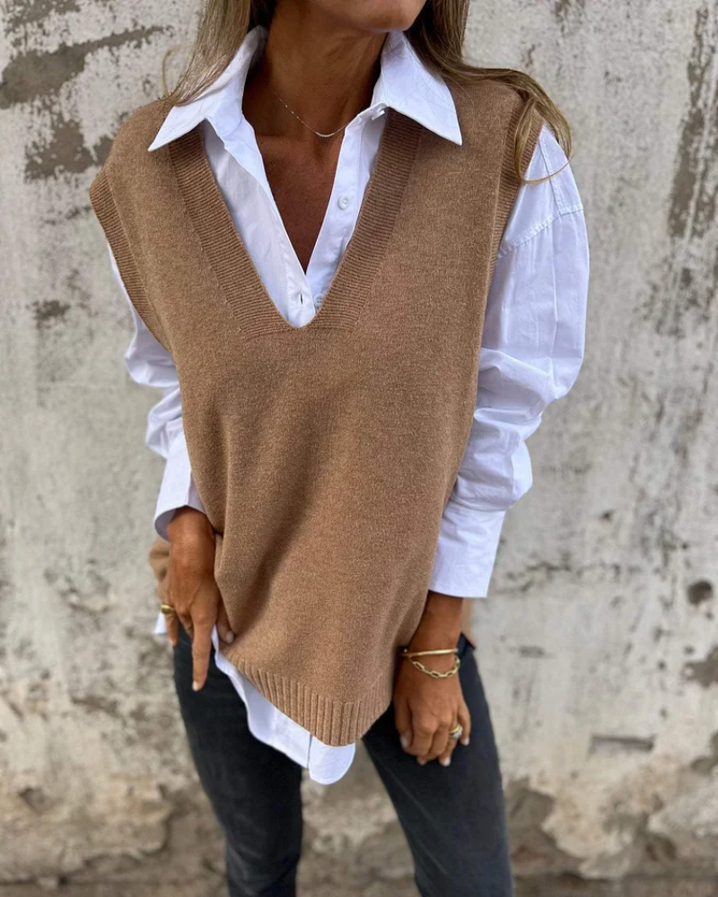 Marzanna sleeveless knit vest in brown, worn over a white shirt, front view