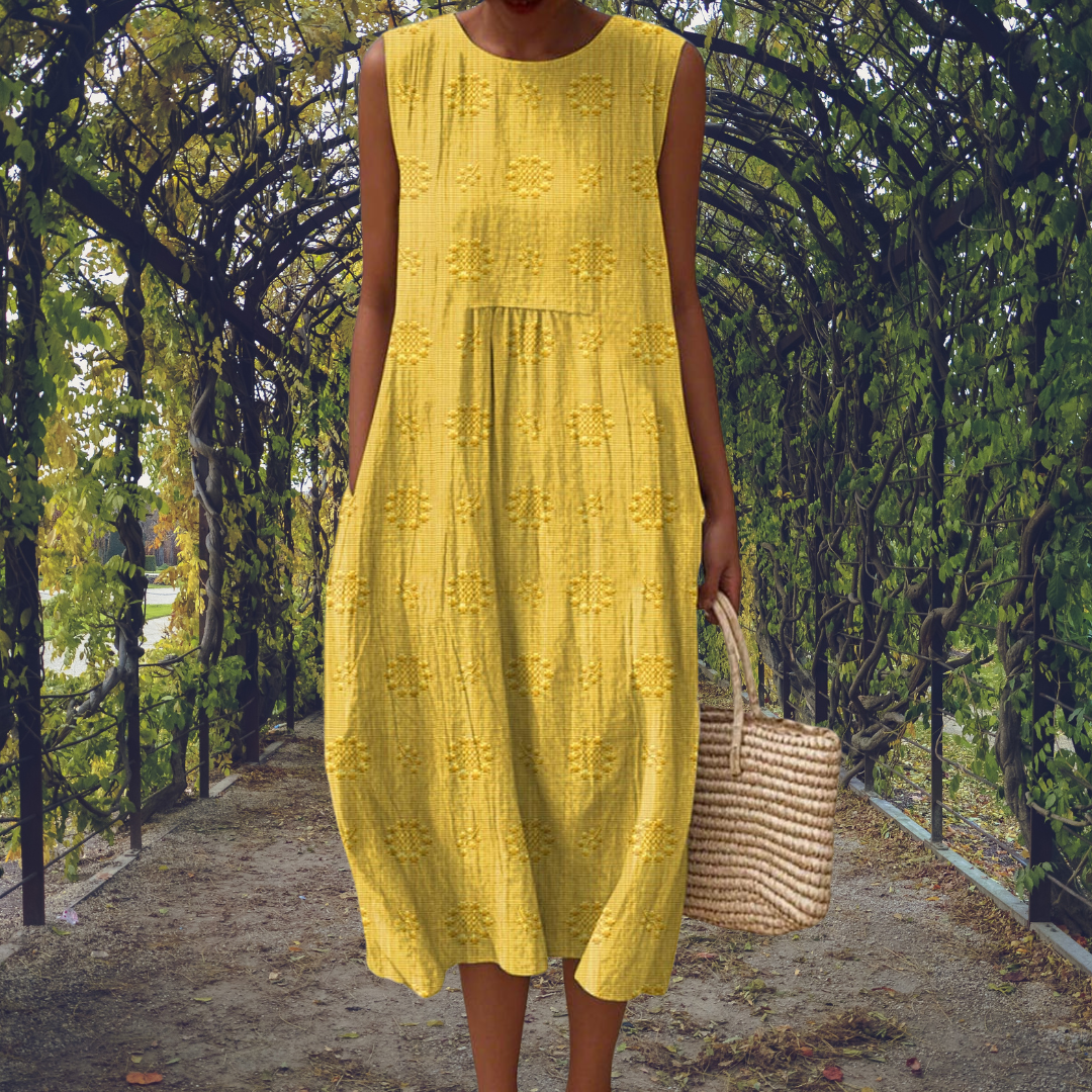 Aikaterini sleeveless midi dress in yellow, full-length front view