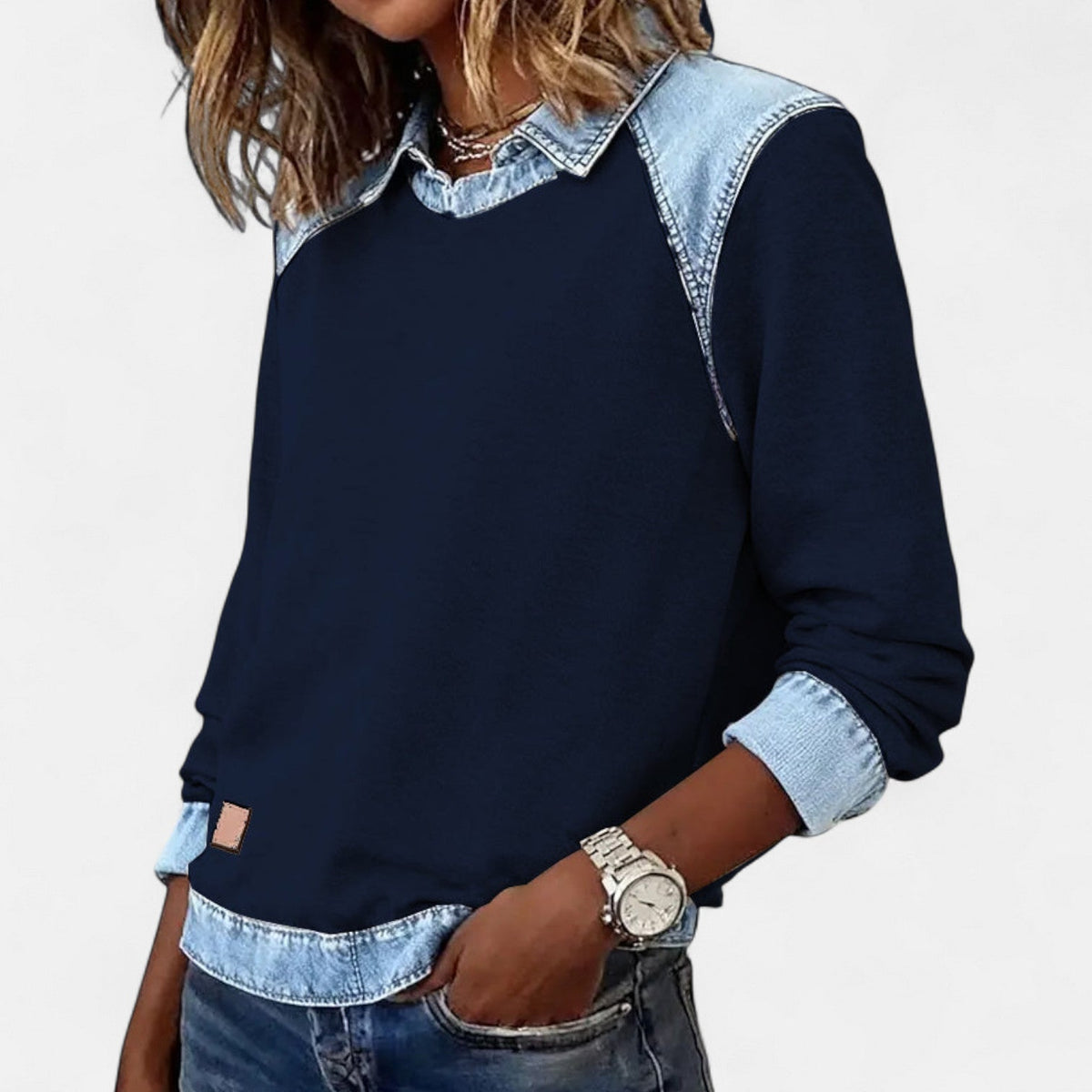 Zailah collared sweater in navy blue, front view