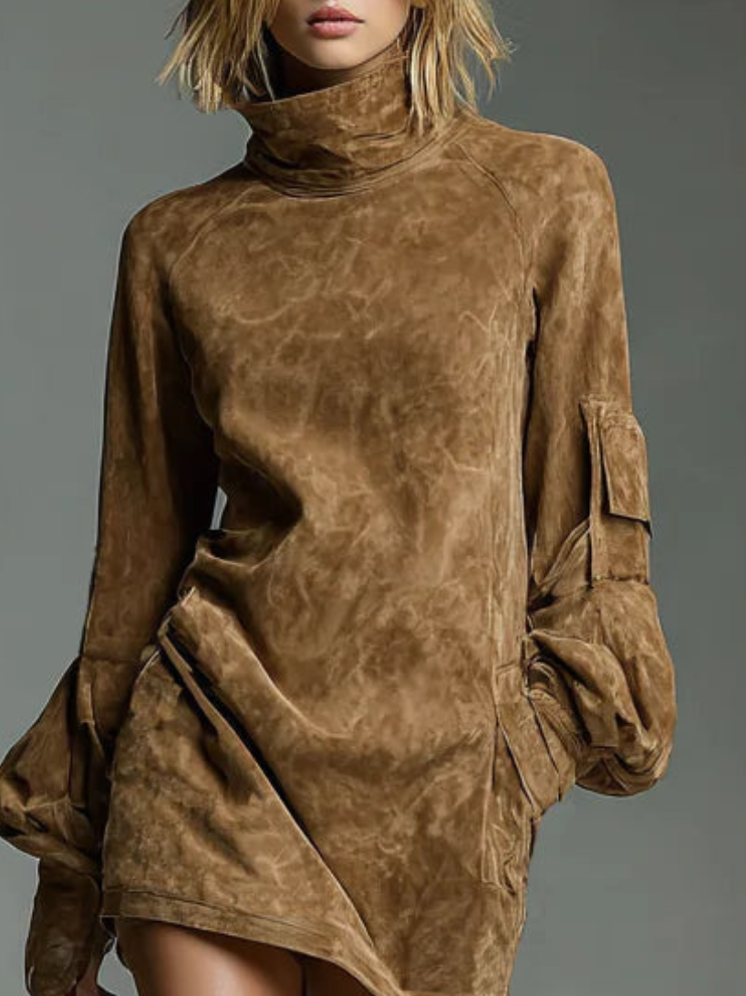 Hilda suede turtleneck dress in brown, close front view of neck and sleeves