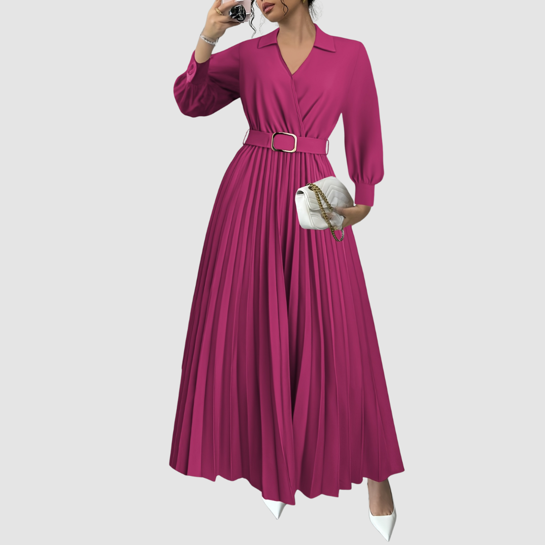 Margot Lane pleated maxi dress in fuchsia pink, full-length front view