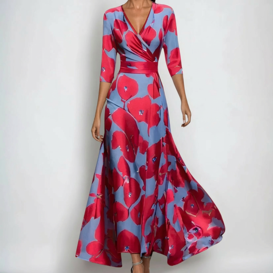 Mallory floral wrap dress in red and blue, full-length front view