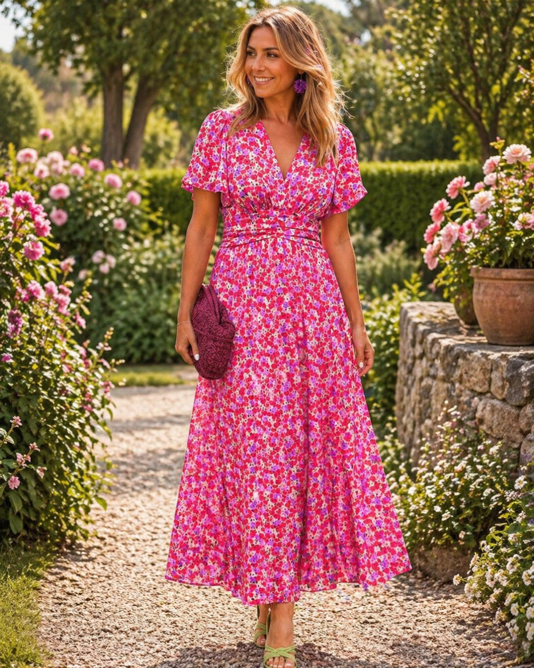 Alice floral summer dress in pink, full-length front view in a garden