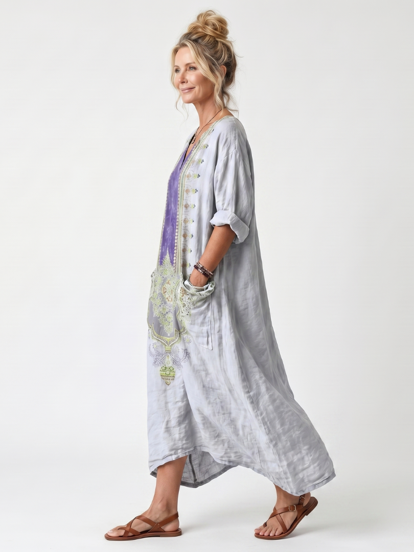 Raina embroidered midi dress in grey, side view showing relaxed drape