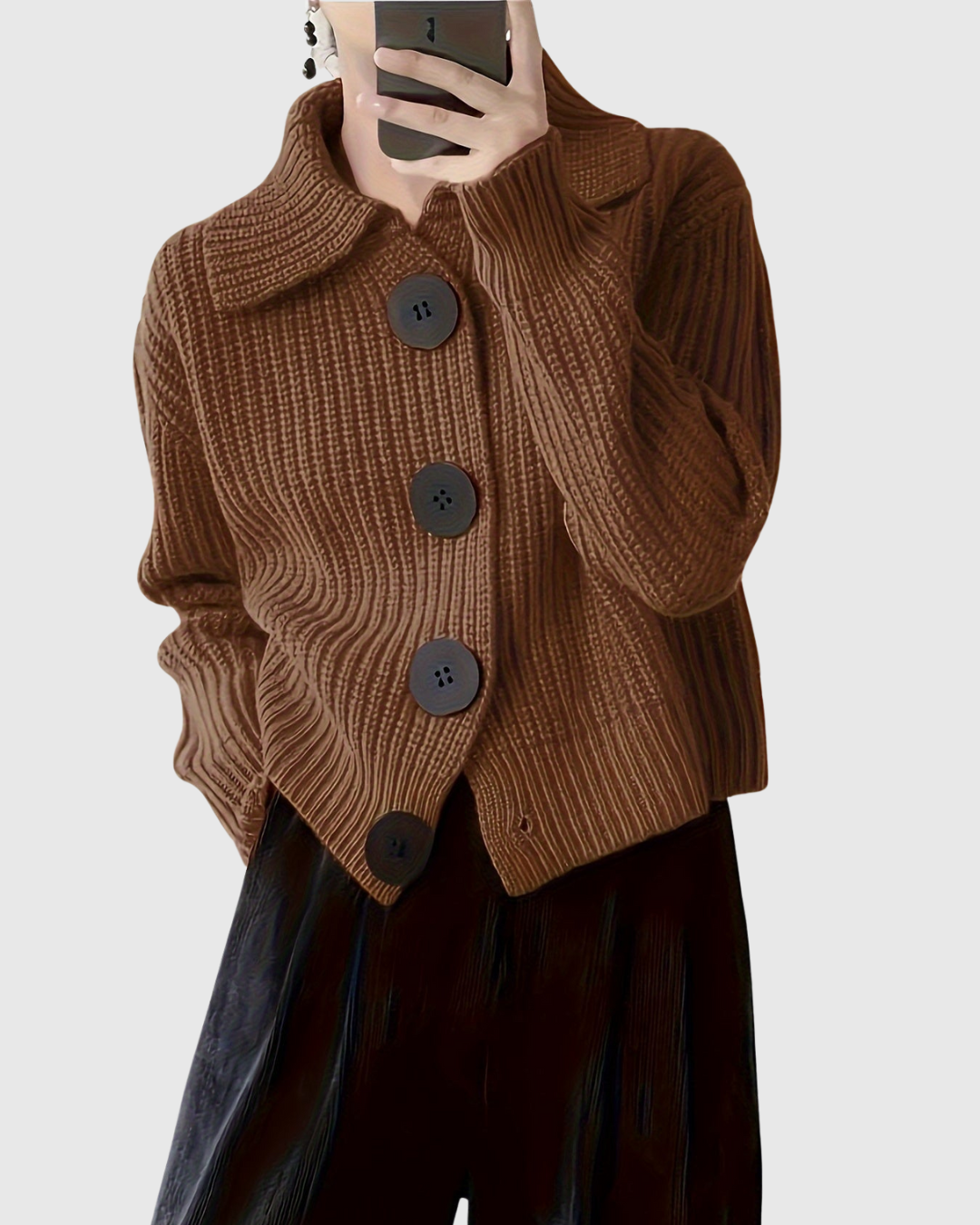 Marisse premium knit jacket in brown, front view worn with dark trousers