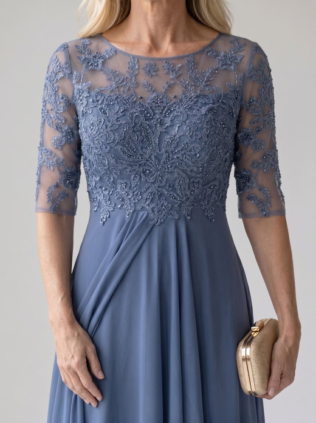 Rhonda lace dress in blue, close-up of floral lace bodice