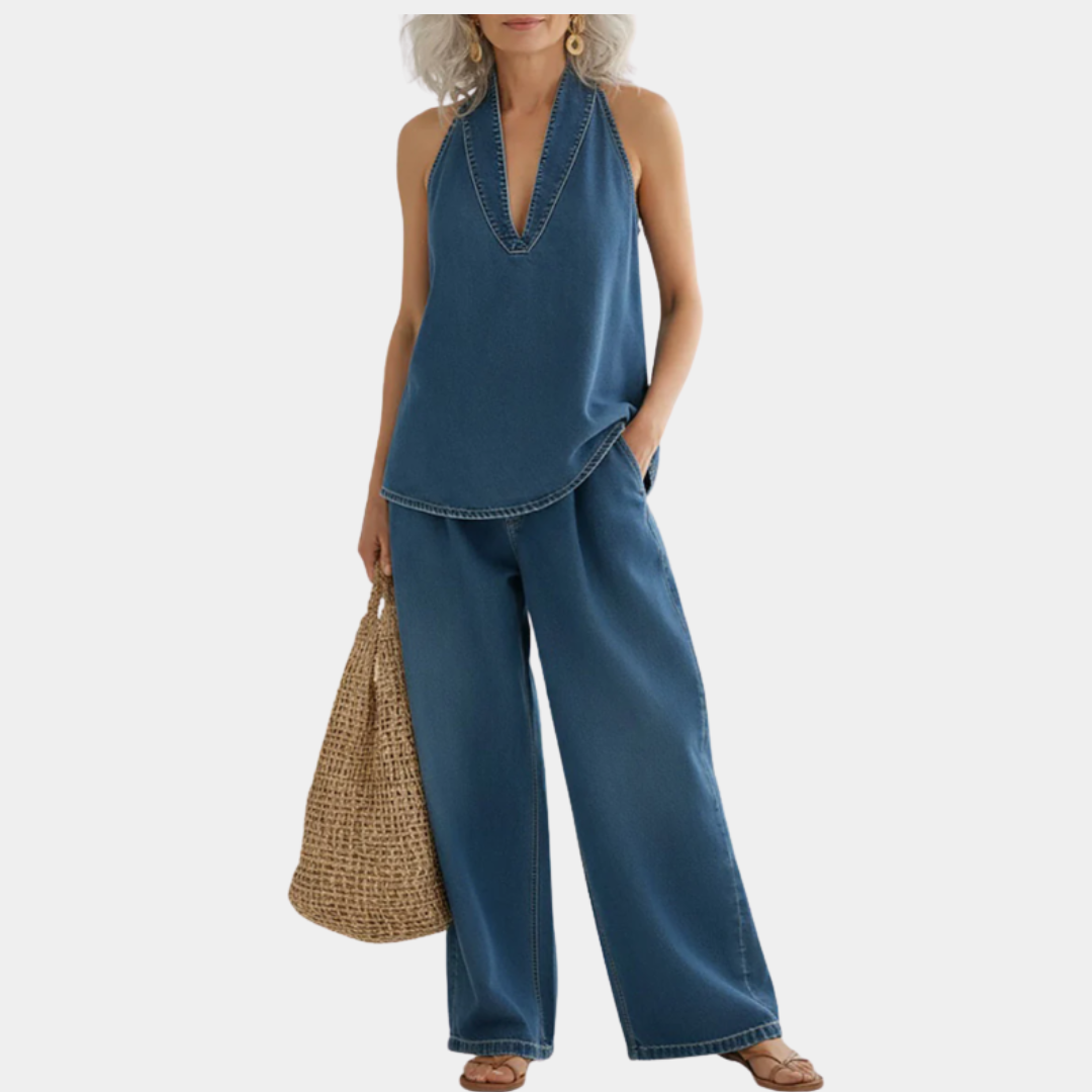 Ivy denim-look two-piece set in blue, full-length front view