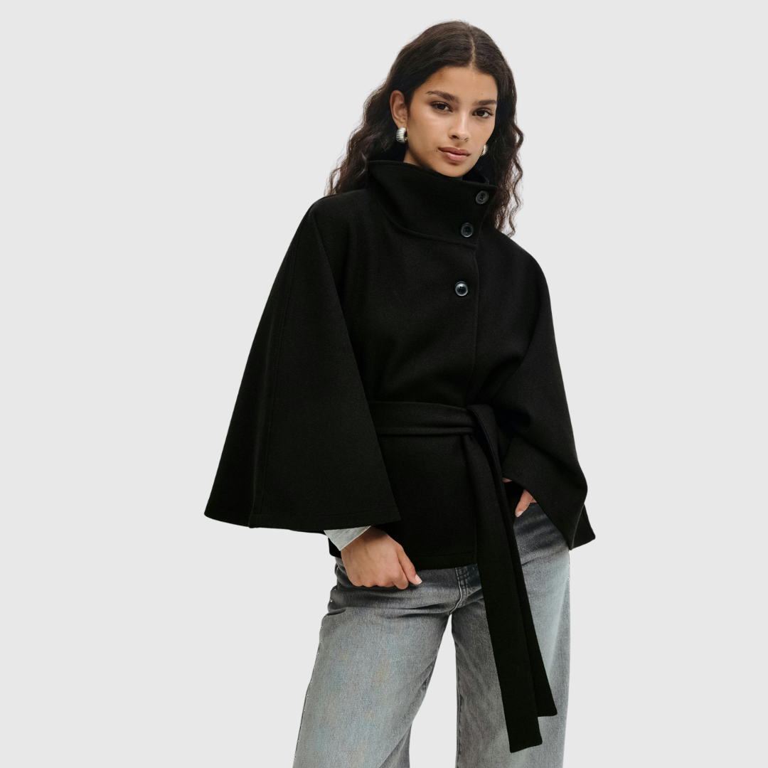 Rhoslyn belted cape jacket in black, front view
