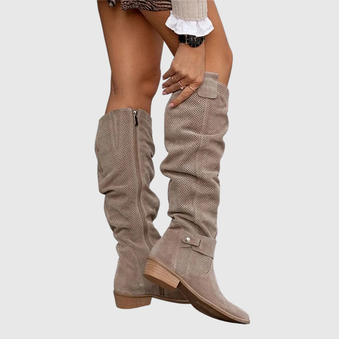 Elvoria knee-high boots in khaki, side view showing the zip and block heel
