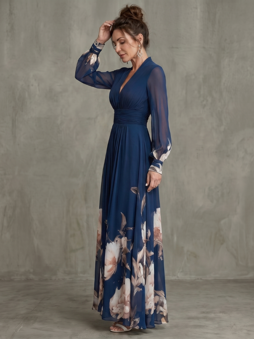Ziva pleated maxi dress in navy, three-quarter side view