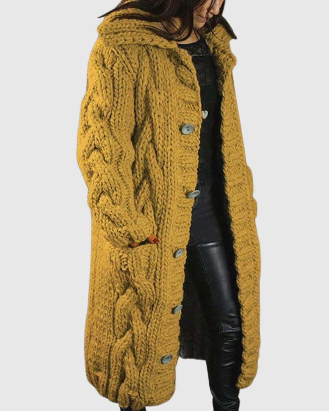 Maelona cable-knit coat in yellow, buttoned front view