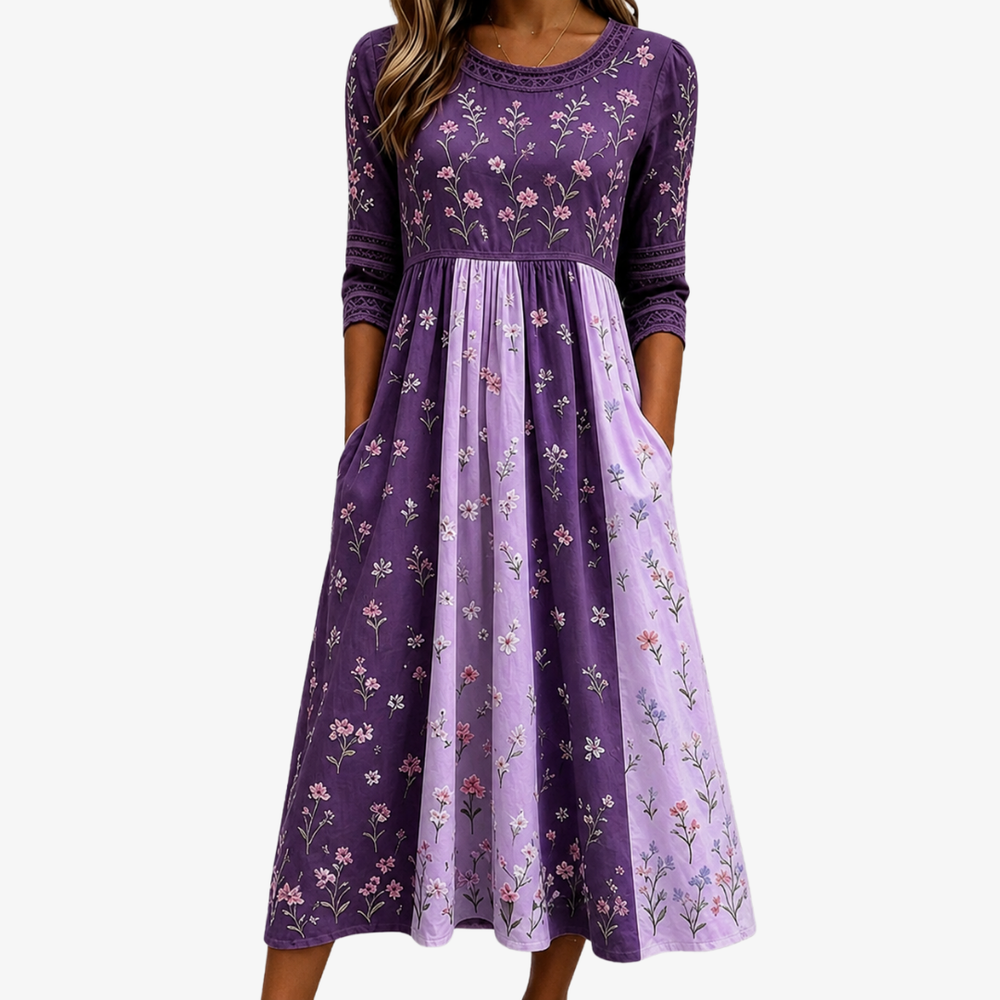 Lavender wildflower panel midi dress in purple, full-length front view