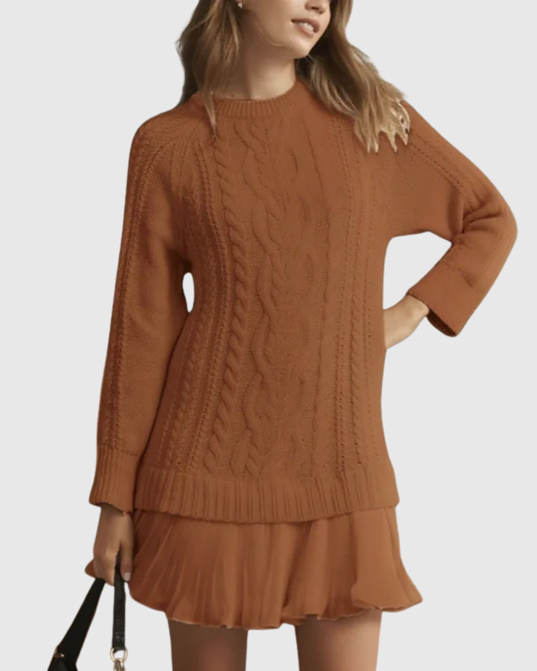 Eira classic sweater dress in brown, front view
